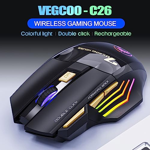 VEGCOO C8 Wireless Gaming Maus, wiederaufladbare Silent Click Gaming Maus mit 2.4G USB-Empfänger, 3 einstellbare DPI, 7 empfindliche Tasten Ergonomische RGB-Maus für Laptop PC Mac Bild 2