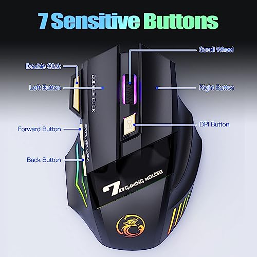 VEGCOO C8 Wireless Gaming Maus, wiederaufladbare Silent Click Gaming Maus mit 2.4G USB-Empfänger, 3 einstellbare DPI, 7 empfindliche Tasten Ergonomische RGB-Maus für Laptop PC Mac Bild 4