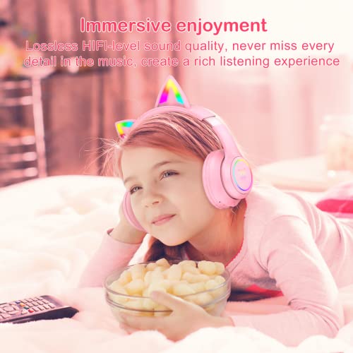 Bluetooth-Katzenohr-Kopfhörer für Kinder, kabelloser & kabelgebundener Modus, faltbares Headset mit Mikrofon, RGB-LED-Licht, für Mädchen, Schule, Gaming, kompatibel mit Handys, PC, Tablet Bild 2