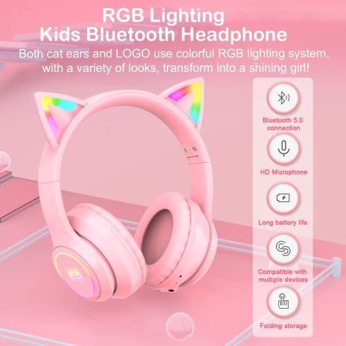 Bluetooth-Katzenohr-Kopfhörer für Kinder, kabelloser & kabelgebundener Modus, faltbares Headset mit Mikrofon, RGB-LED-Licht, für Mädchen, Schule, Gaming, kompatibel mit Handys, PC, Tablet Bild 5