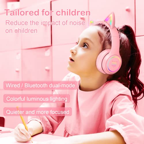 Bluetooth-Katzenohr-Kopfhörer für Kinder, kabelloser & kabelgebundener Modus, faltbares Headset mit Mikrofon, RGB-LED-Licht, für Mädchen, Schule, Gaming, kompatibel mit Handys, PC, Tablet Bild 6