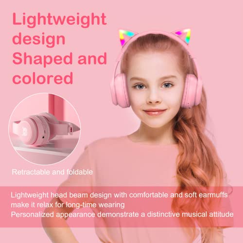 Bluetooth-Katzenohr-Kopfhörer für Kinder, kabelloser & kabelgebundener Modus, faltbares Headset mit Mikrofon, RGB-LED-Licht, für Mädchen, Schule, Gaming, kompatibel mit Handys, PC, Tablet Bild 7