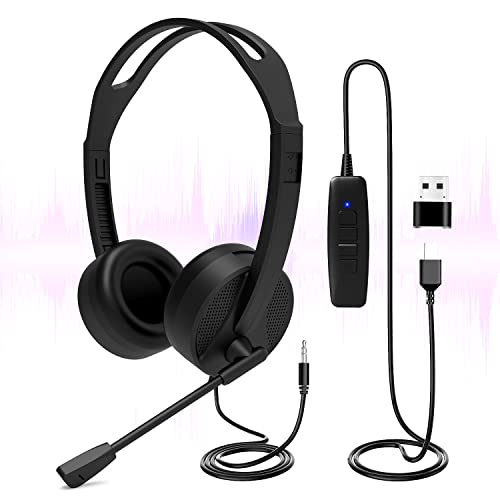 USB-Headset mit Mikrofon, 3,5 mm/USB-Buchse, 2-in-1-Computer-Headset mit Geräuschunterdrückung und Audio-Steuerungen für Laptop, Tablet, PC-Kopfhörer für Skype-Call-Center, Business-Chat, Gaming, Bild 1