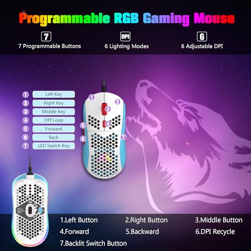 MAGIC-REFINER 60% Gaming-Tastatur Und Maus-Kombination, RGB-Hintergrundbeleuchtung, Mechanische Tastatur, Leichte Gaming-Maus, 62 Tasten, USB-C-Kabel, 6400 DPI, Win/Mac, QWERTY Bild 7