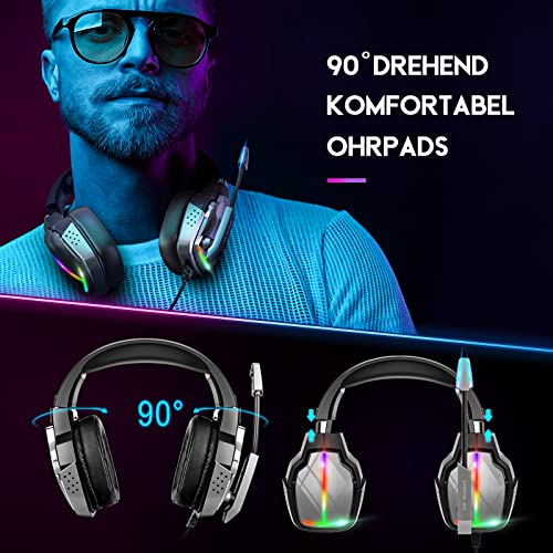 Gaming Headset mit Mikrofon, 90° Drehbare Ohrmuscheln und 4-Modus RGB Leuchten, PS4 Headset mit um 3D Surround Sound, Atmungsaktive Protein-Ohrenschützer, für PS4 PS5 Xbox One PC Switch Laptop Bild 2