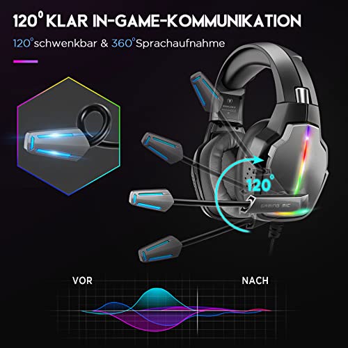 Gaming Headset mit Mikrofon, 90° Drehbare Ohrmuscheln und 4-Modus RGB Leuchten, PS4 Headset mit um 3D Surround Sound, Atmungsaktive Protein-Ohrenschützer, für PS4 PS5 Xbox One PC Switch Laptop Bild 5