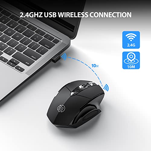 inphic Maus Kabellos Wiederaufladbare 700mAh Akku, Pro 2,4G 1600DPI USB funkmaus mit Anzeige des Batteriestands für Computer, Laptop, PC, 6 Tasten, USB-Empfänger, Schwarz Bild 2