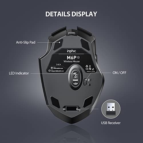 inphic Maus Kabellos Wiederaufladbare 700mAh Akku, Pro 2,4G 1600DPI USB funkmaus mit Anzeige des Batteriestands für Computer, Laptop, PC, 6 Tasten, USB-Empfänger, Schwarz Bild 6