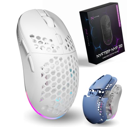 Nyfter - NYF22 Wireless Gaming Mouse mit White-Blue Honeycomb Maus Ultraleicht 75g leistungsstark mit 400mA 19K DPI, 400 IPS 1000 hz 50h Akkulaufzeit langlebig Zwei wechselbare Cases inkl. Bild 1