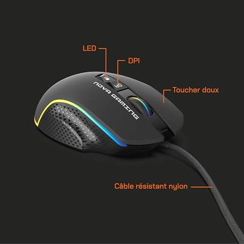 NOVA GAMING – TAURUS – kabelgebundene Gaming-Maus – ultraklarer optischer Sensor – DPI einstellbar zwischen 1200 und 7200, RGB, 13 LED-Animationen, 7 Tasten, rutschfeste Kanten, 1,5 m langes Bild 6