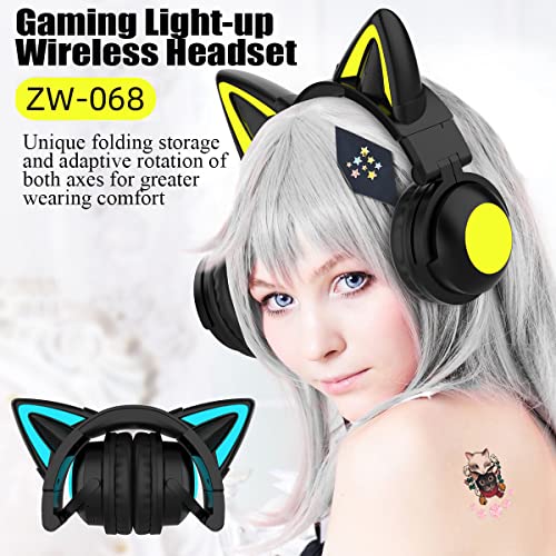 Bluetooth-Kopfhörer, Katzen Ohren LED Wireless Gaming Headset Kinderkopfhörer Bluetooth Stereo-Headset Faltbare Cat Ears Over-Ear Headsets mit Verstellbarem Mikrofon für Smartphones/Laptop/Tablet Bild 2