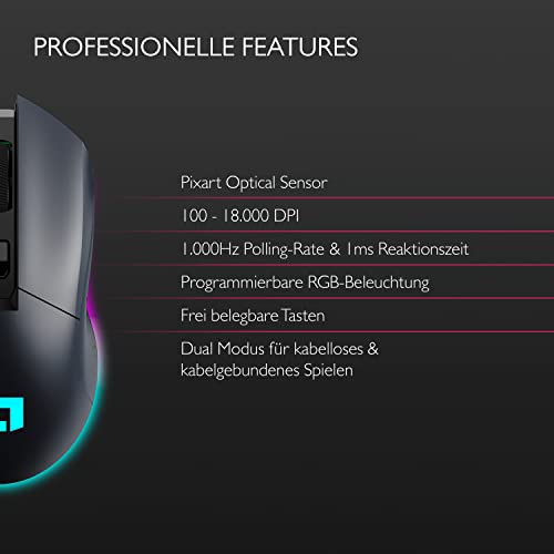 Lioncast LM45 WL – kabellose Gaming Maus 18.000 DPI Pixart Sensor, RGB Wireless Gaming Mouse PC, ultralange 55 Std Akku, 6 programmierbare Tasten, Dual Mode, wiederaufladbar & Ultraleicht (85g) Bild 2