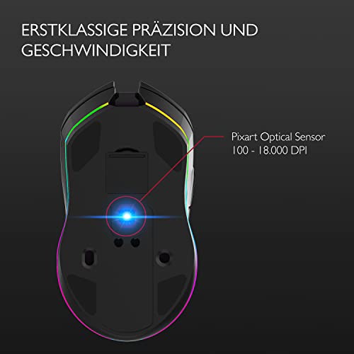Lioncast LM45 WL – kabellose Gaming Maus 18.000 DPI Pixart Sensor, RGB Wireless Gaming Mouse PC, ultralange 55 Std Akku, 6 programmierbare Tasten, Dual Mode, wiederaufladbar & Ultraleicht (85g) Bild 3