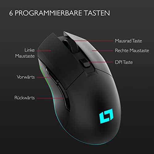 Lioncast LM45 WL – kabellose Gaming Maus 18.000 DPI Pixart Sensor, RGB Wireless Gaming Mouse PC, ultralange 55 Std Akku, 6 programmierbare Tasten, Dual Mode, wiederaufladbar & Ultraleicht (85g) Bild 7