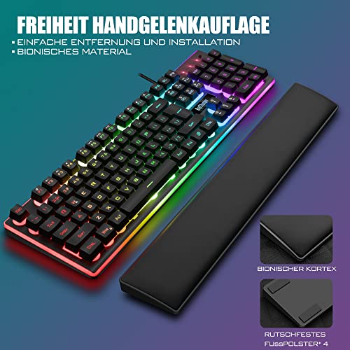 RedThunder K10 Gaming Tastatur und Maus Set, QWERTZ DE-Layout, Metallplatte und Handballenauflager,RGB-Hintergrundbeleuchtung und 7D mit Ergonomische für PC Gamer(Schwarz) Bild 4