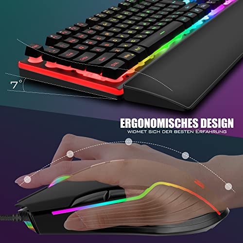 RedThunder K10 Gaming Tastatur und Maus Set, QWERTZ DE-Layout, Metallplatte und Handballenauflager,RGB-Hintergrundbeleuchtung und 7D mit Ergonomische für PC Gamer(Schwarz) Bild 5