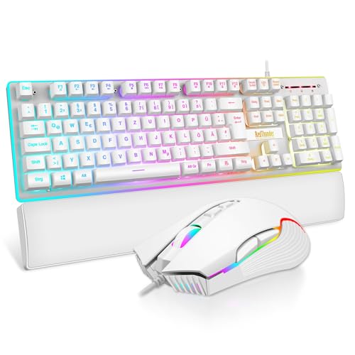 RedThunder K10 Gaming Tastatur und Maus Set, QWERTZ DE-Layout, Metallplatte und Handballenauflager，RGB-Hintergrundbeleuchtung - und 7D mit Ergonomische - für PC Mac Gamer(Weiß) Bild 1
