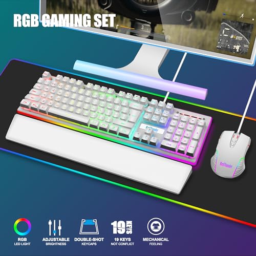 RedThunder K10 Gaming Tastatur und Maus Set, QWERTZ DE-Layout, Metallplatte und Handballenauflager，RGB-Hintergrundbeleuchtung - und 7D mit Ergonomische - für PC Mac Gamer(Weiß) Bild 2