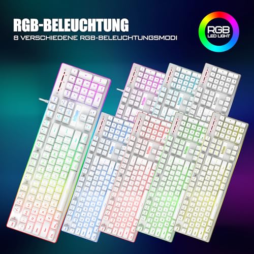 RedThunder K10 Gaming Tastatur und Maus Set, QWERTZ DE-Layout, Metallplatte und Handballenauflager，RGB-Hintergrundbeleuchtung - und 7D mit Ergonomische - für PC Mac Gamer(Weiß) Bild 3