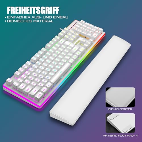 RedThunder K10 Gaming Tastatur und Maus Set, QWERTZ DE-Layout, Metallplatte und Handballenauflager，RGB-Hintergrundbeleuchtung - und 7D mit Ergonomische - für PC Mac Gamer(Weiß) Bild 4