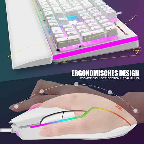 RedThunder K10 Gaming Tastatur und Maus Set, QWERTZ DE-Layout, Metallplatte und Handballenauflager，RGB-Hintergrundbeleuchtung - und 7D mit Ergonomische - für PC Mac Gamer(Weiß) Bild 5