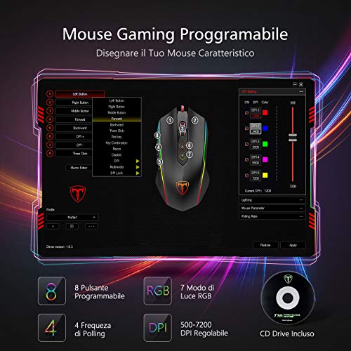 VIVIJO Gaming-Maus, kabelgebunden, hohe Leistung, Gaming-Maus mit 7200 dpi, verstellbar, RGB, 8 programmierbare Tasten, ergonomisch, PC/Mac – Schwarz Bild 2