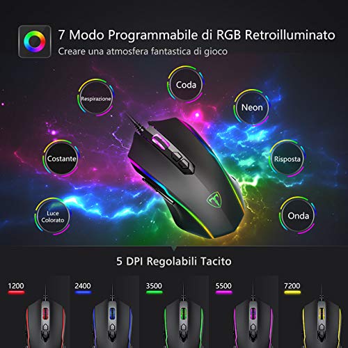 VIVIJO Gaming-Maus, kabelgebunden, hohe Leistung, Gaming-Maus mit 7200 dpi, verstellbar, RGB, 8 programmierbare Tasten, ergonomisch, PC/Mac – Schwarz Bild 3
