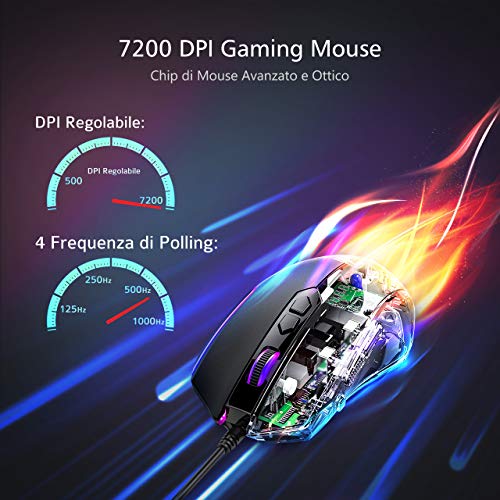 VIVIJO Gaming-Maus, kabelgebunden, hohe Leistung, Gaming-Maus mit 7200 dpi, verstellbar, RGB, 8 programmierbare Tasten, ergonomisch, PC/Mac – Schwarz Bild 4