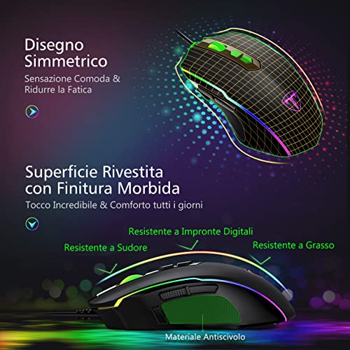 VIVIJO Gaming-Maus, kabelgebunden, hohe Leistung, Gaming-Maus mit 7200 dpi, verstellbar, RGB, 8 programmierbare Tasten, ergonomisch, PC/Mac – Schwarz Bild 5