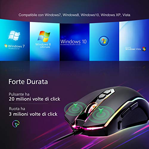 VIVIJO Gaming-Maus, kabelgebunden, hohe Leistung, Gaming-Maus mit 7200 dpi, verstellbar, RGB, 8 programmierbare Tasten, ergonomisch, PC/Mac – Schwarz Bild 6