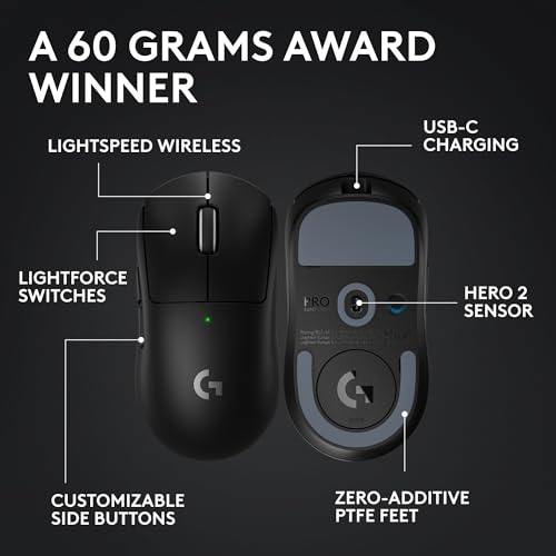 Logitech G PRO X SUPERLIGHT 2 LIGHTSPEED Kabellose Gaming-Maus, leicht, LIGHTFORCE Hybrid Switches, Hero 2 Sensor, 32.000 DPI, 5 programmierbare Tasten, USB-C-Laden, PC & Mac - Schwarz Bild 6