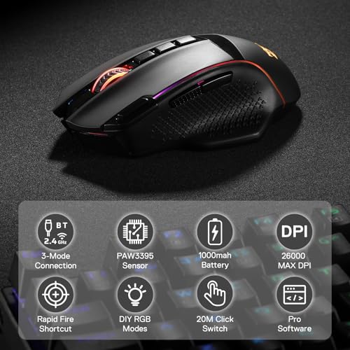 Redragon M991 kabellose Gaming-Maus, 19000 DPI kabelgebundene/drahtlose Gamer-Maus mit Schnellfeuertaste, 9 Makro-Tasten, 45-Stunden-Dauerleistung und RGB-Hintergrundbeleuchtung für PC/Mac/Laptop Bild 2