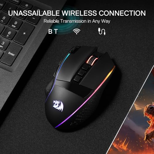 Redragon M991 kabellose Gaming-Maus, 19000 DPI kabelgebundene/drahtlose Gamer-Maus mit Schnellfeuertaste, 9 Makro-Tasten, 45-Stunden-Dauerleistung und RGB-Hintergrundbeleuchtung für PC/Mac/Laptop Bild 3