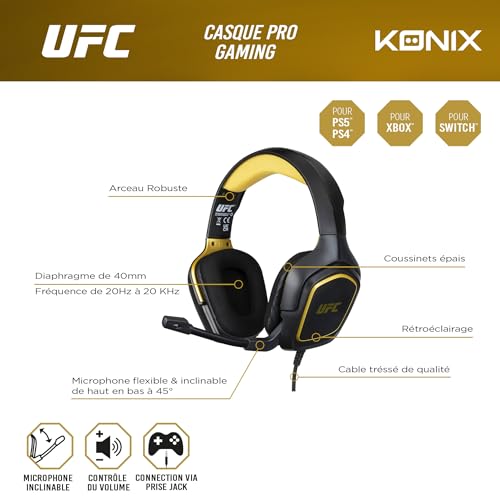 Konix UFC Gaming-Headset mit Kabel für PS4, PS5, Switch, Xbox One und Series X|S - 45°-Mikrofon - 1,5 m Kabel - 3,5 mm Klinken - Schwarz und Gold Bild 6