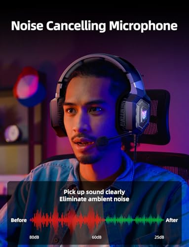 GamingHeadset mit Mikrofon, GamingKopfhörer für PS4 PS5 Xbox One PC, PlaystationHeadset mit Rauschunterdrückungsmikrofon, LEDLicht 7.1 SurroundSound OverEar und kabelgebundener Bild 2