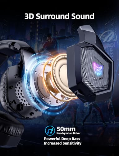 GamingHeadset mit Mikrofon, GamingKopfhörer für PS4 PS5 Xbox One PC, PlaystationHeadset mit Rauschunterdrückungsmikrofon, LEDLicht 7.1 SurroundSound OverEar und kabelgebundener Bild 3