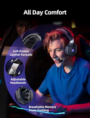 GamingHeadset mit Mikrofon, GamingKopfhörer für PS4 PS5 Xbox One PC, PlaystationHeadset mit Rauschunterdrückungsmikrofon, LEDLicht 7.1 SurroundSound OverEar und kabelgebundener Bild 4