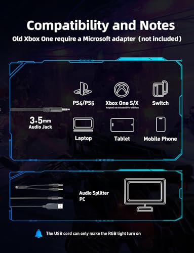GamingHeadset mit Mikrofon, GamingKopfhörer für PS4 PS5 Xbox One PC, PlaystationHeadset mit Rauschunterdrückungsmikrofon, LEDLicht 7.1 SurroundSound OverEar und kabelgebundener Bild 5
