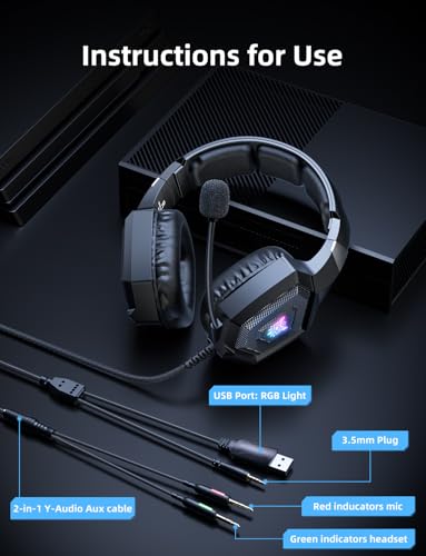 GamingHeadset mit Mikrofon, GamingKopfhörer für PS4 PS5 Xbox One PC, PlaystationHeadset mit Rauschunterdrückungsmikrofon, LEDLicht 7.1 SurroundSound OverEar und kabelgebundener Bild 6