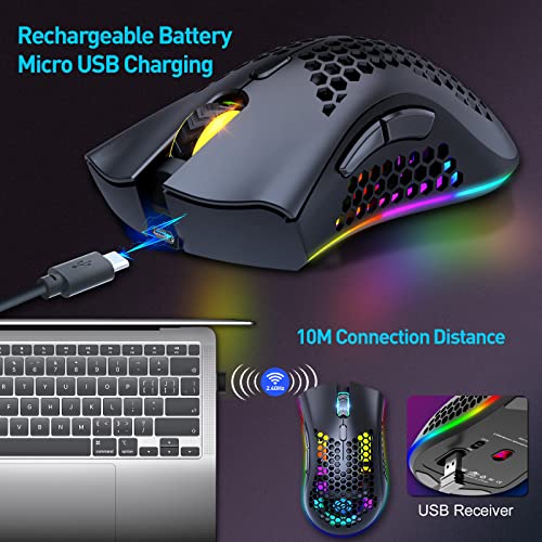 JYCSTE JYCSTE Kabellose leichte Gaming-Maus, ultraleichte Wabenmäuse mit RGB-Hintergrundbeleuchtung, 7 Tasten, einstellbare DPI, USB-Empfänger, 2,4 G kabellose wiederaufladbare ergonomische optische Bild 2