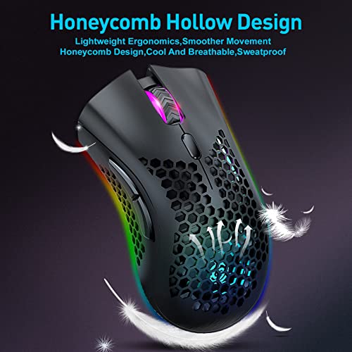 JYCSTE JYCSTE Kabellose leichte Gaming-Maus, ultraleichte Wabenmäuse mit RGB-Hintergrundbeleuchtung, 7 Tasten, einstellbare DPI, USB-Empfänger, 2,4 G kabellose wiederaufladbare ergonomische optische Bild 4