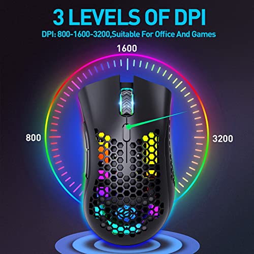JYCSTE JYCSTE Kabellose leichte Gaming-Maus, ultraleichte Wabenmäuse mit RGB-Hintergrundbeleuchtung, 7 Tasten, einstellbare DPI, USB-Empfänger, 2,4 G kabellose wiederaufladbare ergonomische optische Bild 5