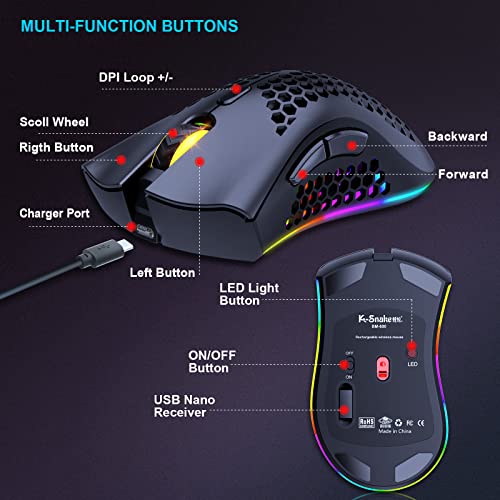 JYCSTE JYCSTE Kabellose leichte Gaming-Maus, ultraleichte Wabenmäuse mit RGB-Hintergrundbeleuchtung, 7 Tasten, einstellbare DPI, USB-Empfänger, 2,4 G kabellose wiederaufladbare ergonomische optische Bild 6