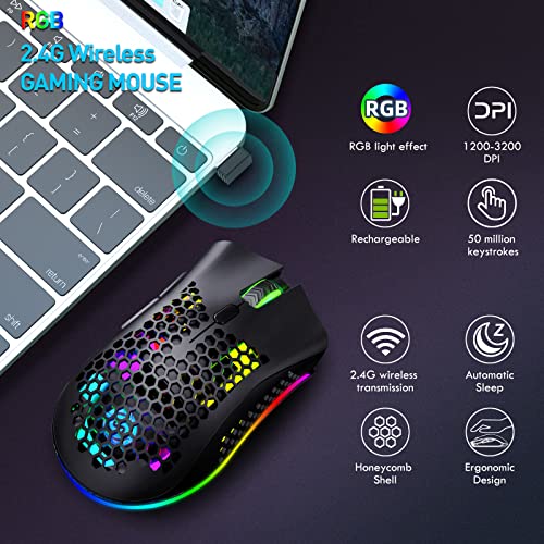 JYCSTE JYCSTE Kabellose leichte Gaming-Maus, ultraleichte Wabenmäuse mit RGB-Hintergrundbeleuchtung, 7 Tasten, einstellbare DPI, USB-Empfänger, 2,4 G kabellose wiederaufladbare ergonomische optische Bild 7