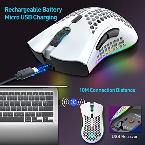 JYCSTE JYCSTE Kabellose leichte Gaming-Maus, ultraleichte Wabenmäuse mit RGB-Hintergrundbeleuchtung, 7 Tasten, einstellbare DPI, USB-Empfänger, 2,4 G kabellose wiederaufladbare ergonomische optische Bild 2