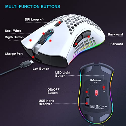 JYCSTE JYCSTE Kabellose leichte Gaming-Maus, ultraleichte Wabenmäuse mit RGB-Hintergrundbeleuchtung, 7 Tasten, einstellbare DPI, USB-Empfänger, 2,4 G kabellose wiederaufladbare ergonomische optische Bild 6
