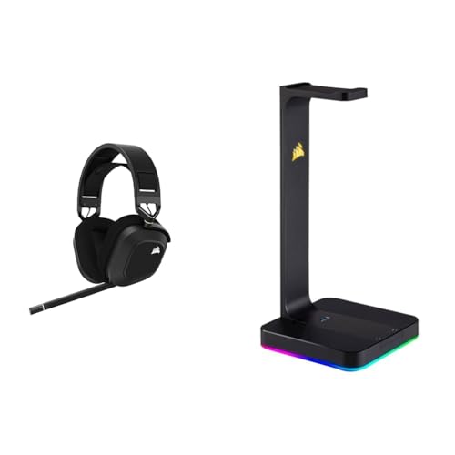 Corsair HS80 RGB Wireless Premium-Gaming-Headset mit Dolby Atmos (18 m Reichweite) Carbon & ST100 Premium Kopfhörer-Ständer (2X USB 3.1, Aluminium, 7.1 Dolby Audio Ausgang) schwarz Bild 1