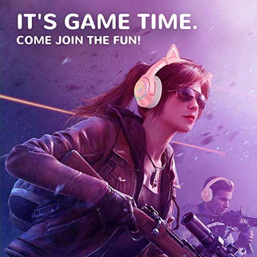 PHNIXGAM Gaming-Kopfhörer, 3.5mm Kopfhörer FÜR PS4, PS5, Xbox One X/S (Ohne Adapter) Mit Abnehmbaren Katzenohren, GeräuschunterdrÜCkendes Mikrofon, RGB, Surround-Sound FÜR PC, Mobiltelefon (Rosa Blau) Bild 5
