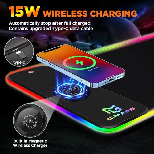 Gimars Upgrade Gaming Mauspad RGB, 15W Kabelloser Schnellladung, 800x300x5mm, Mousepad XXL mit 10 Farben LED-Licht, Groß LED Mouse Pad Gaming Zubehör mit Glatter Oberfläche, Rutschfester Gummifuß Bild 2