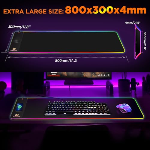 Gimars Upgrade Gaming Mauspad RGB, 15W Kabelloser Schnellladung, 800x300x5mm, Mousepad XXL mit 10 Farben LED-Licht, Groß LED Mouse Pad Gaming Zubehör mit Glatter Oberfläche, Rutschfester Gummifuß Bild 5